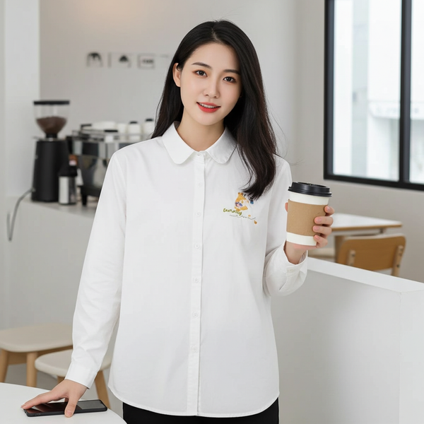 Women White Cotton Shirt with Bear Embroidery