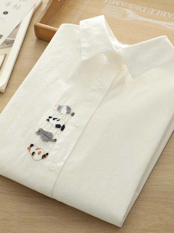 Stacked Cats & Fish Embroidered Shirt – Women’s White Button-Up