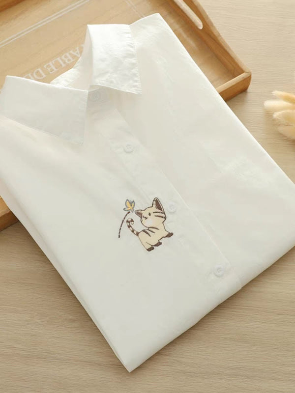 Playful Cat & Butterfly Embroidered Shirt – Women’s White Button-Up