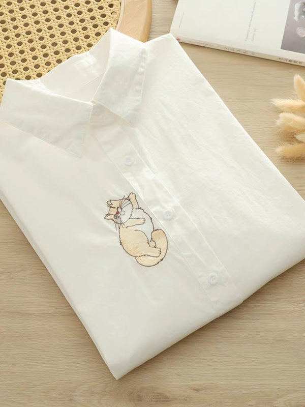 Lazy Cat Embroidered Women’s White Shirt – Playful & Chic Button-Up