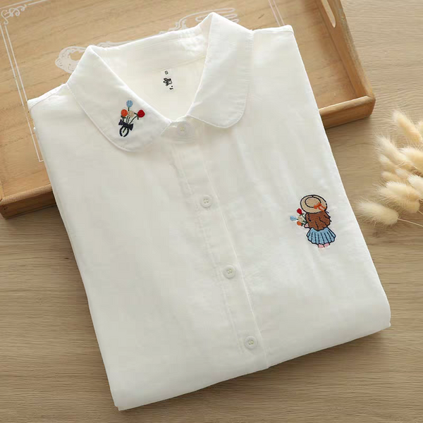 Charming Girl Embroidered White Shirt – Whimsical & Feminine Style