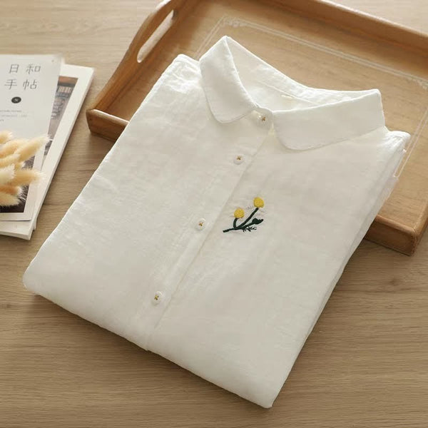 Minimal Floral Embroidered White Shirt – Soft Elegance with a Pop of Color
