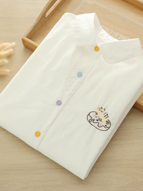 Sweet Dreams Cat Embroidered Shirt – Playful Charm Meets Everyday Comfort