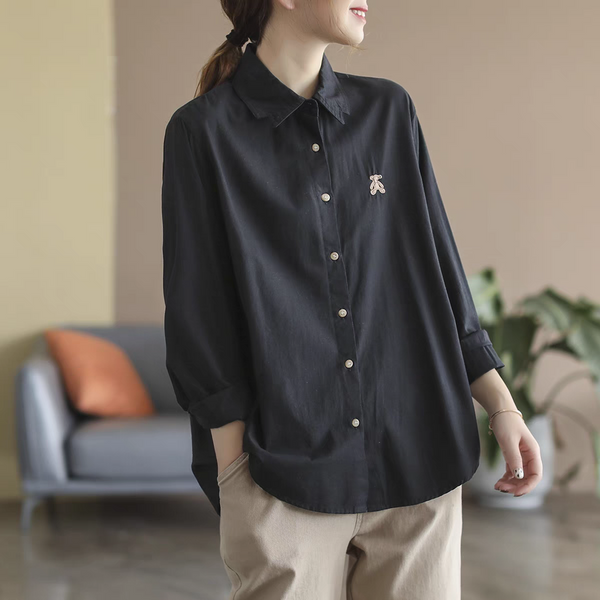 Teddy Bear Embroidered Shirt – Women’s Casual Long Sleeve