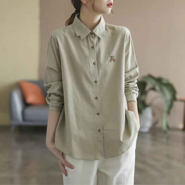 Teddy Bear Embroidered Button-Up Shirt – Women’s Casual Long Sleeve