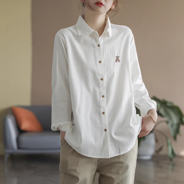 Minimal Teddy Bear Embroidered Shirt – Women’s Casual Long Sleeve