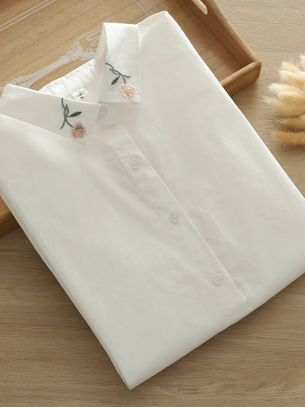 Women Petal Collar Embroidered Shirt – Soft White Cotton Elegance