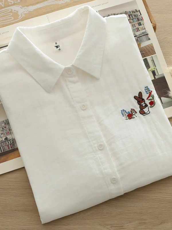 Floral Bunny Embroidered Shirt – Women’s White Casual Button-Up
