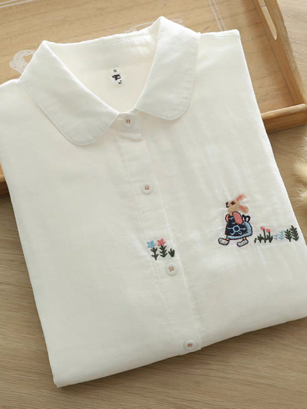Sweet Garden Bunny Embroidered Shirt – Women’s White Button-Up