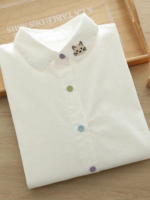 Cute Cat Collar Button-Up Shirt – Women's Casual Blouse