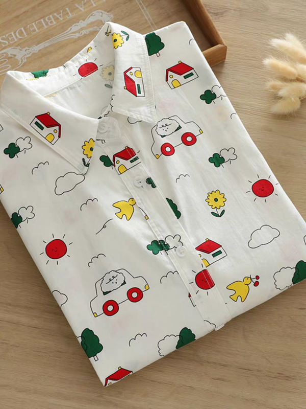 Women Sunny Village Drive Shirt – Playful Cartoon Print Cotton Shirt