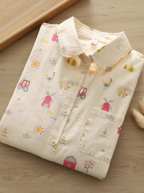 Women Countryside Charm Shirt – Soft Cotton Pastel Print