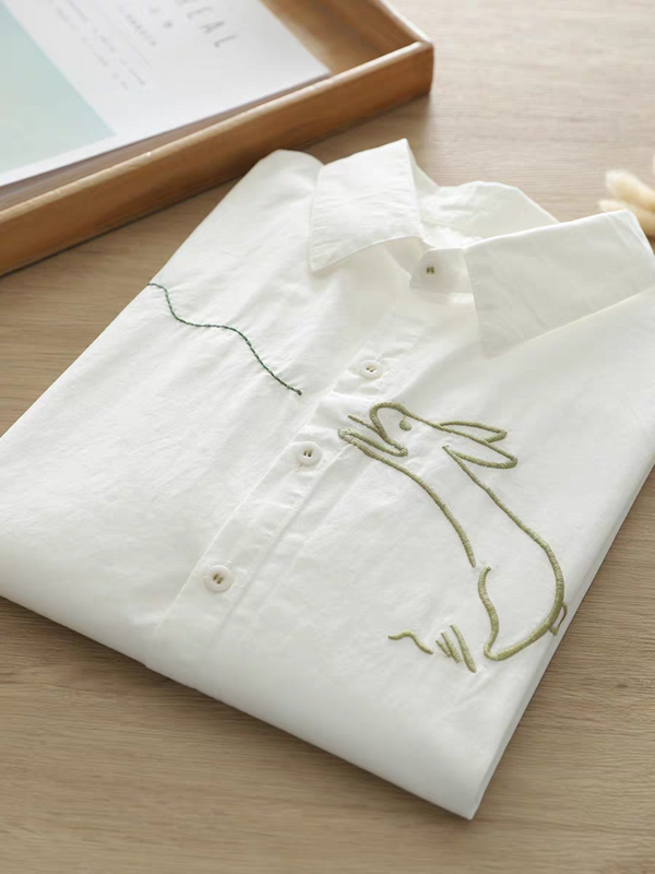 women White Embroidered Bunny Cotton Shirt