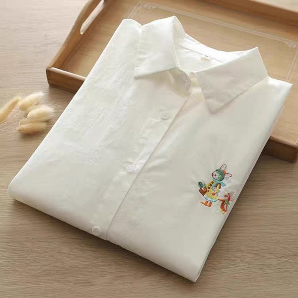 Women White Cotton Full Sleeve Shirt with Bunny Embroidery