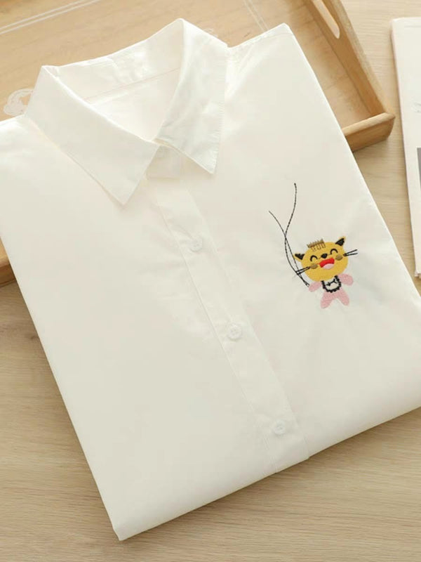 😺 Women’s Full Sleeve Embroidered Cat Shirt – Cute & Casual Style